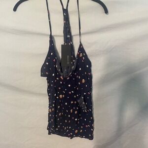 19 Cooper Navy Blue Polka Dot Ruffle Front T-Back Camisole Top Womens Size M NEW